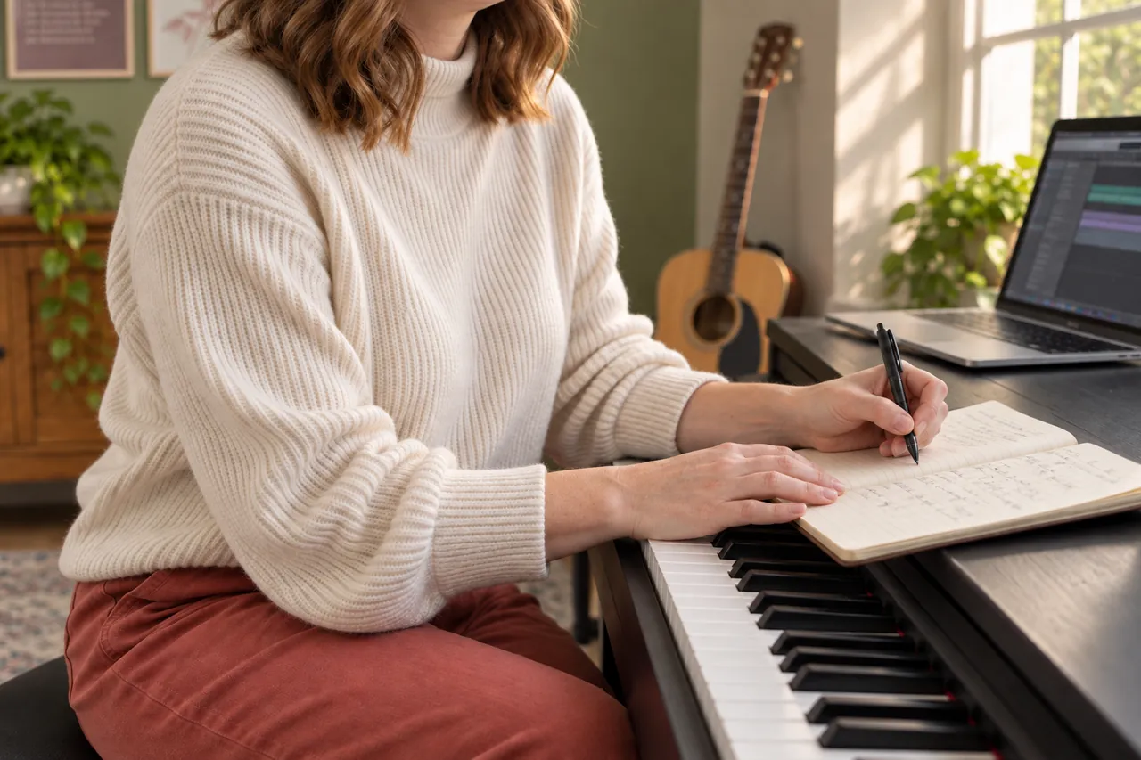 Songwriter writing lyrics at a piano